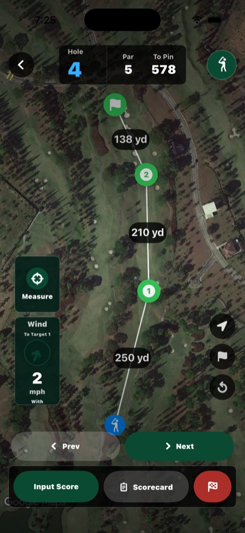 Live KaGolf GPS round showing hole four yardages, shot targets, wind, scorecard, and scoring controls
