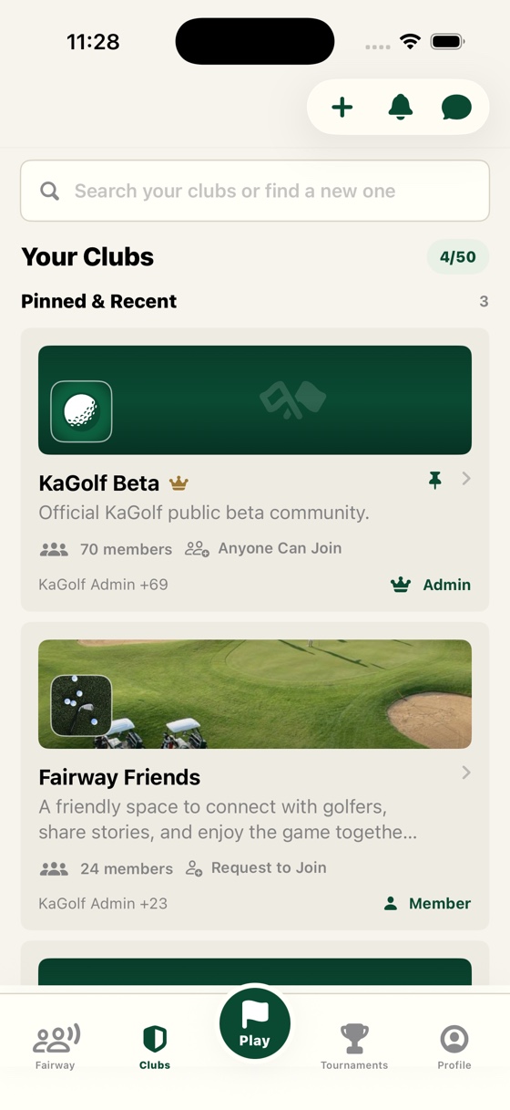 KaGolf Clubs screen with local golf communities, recent groups, and membership status