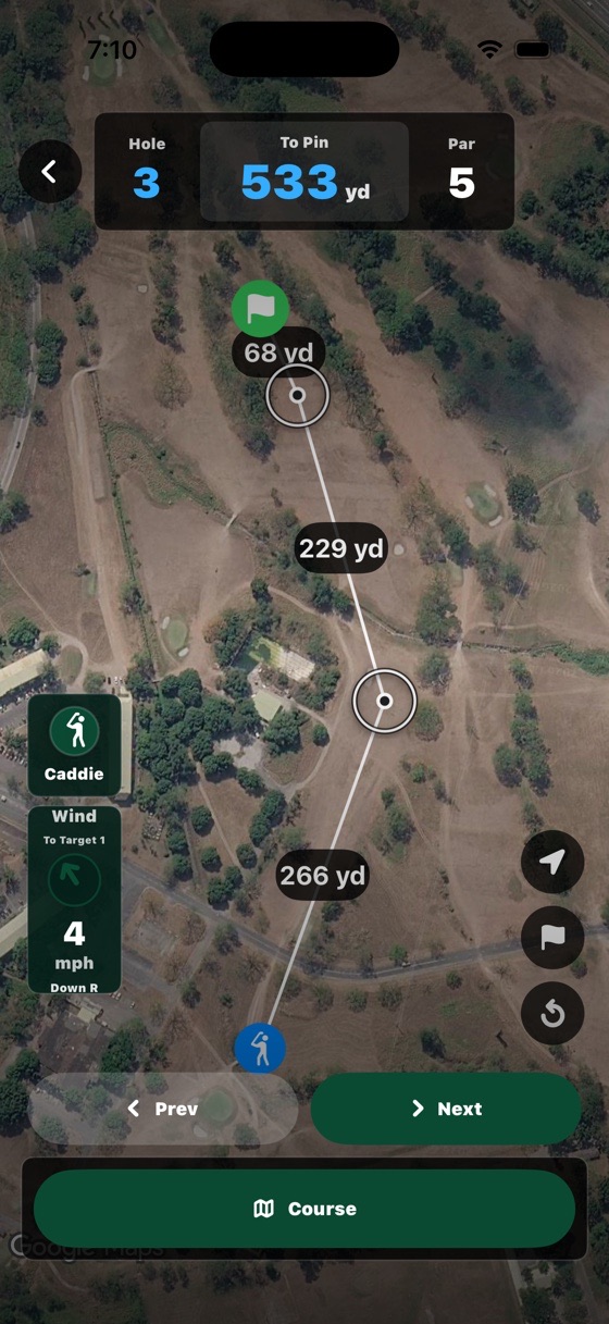 KaGolf course GPS showing pin distance, movable targets, caddie guidance, and wind