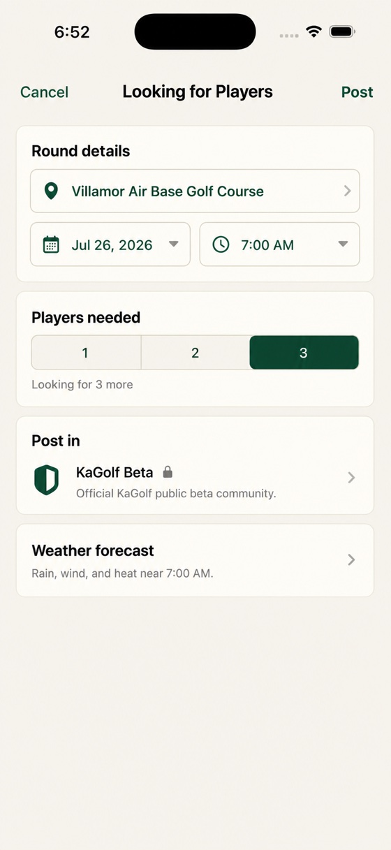 Looking for Players form with course, date, tee time, players needed, club, and weather forecast