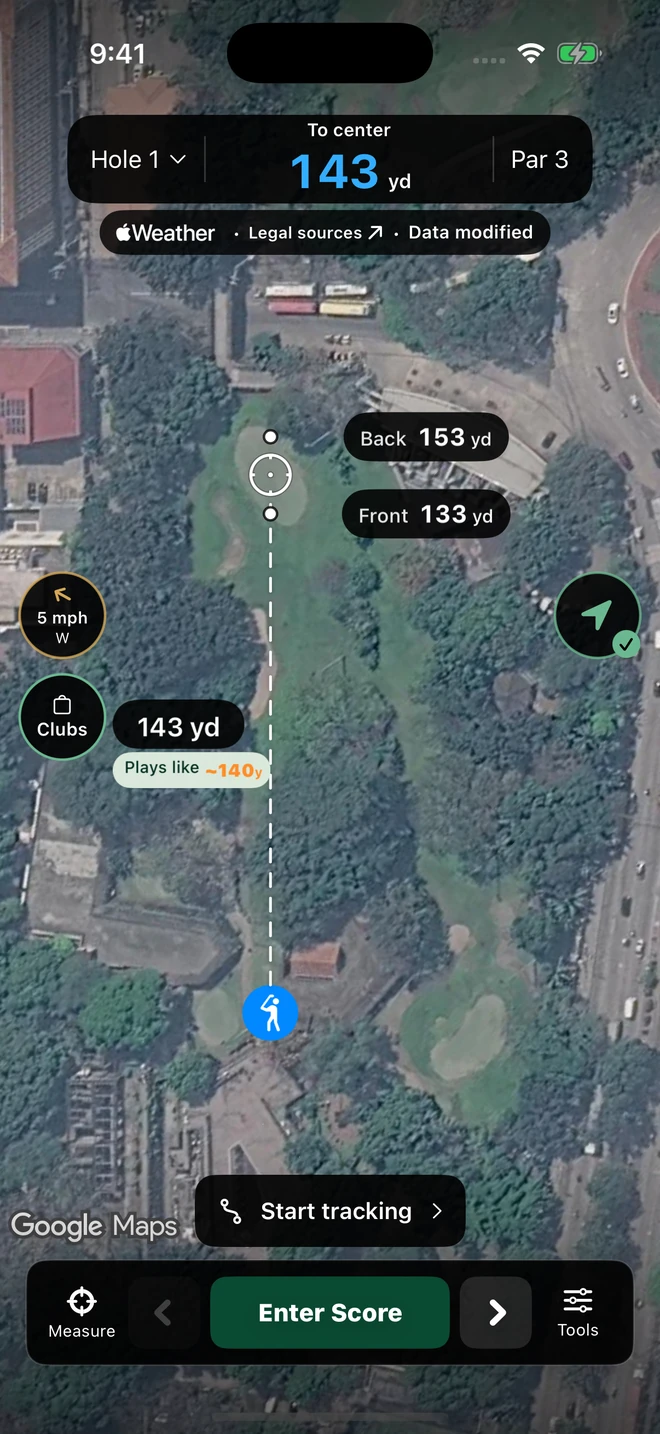 KaGolf iPhone GPS screen showing satellite map and center yardage