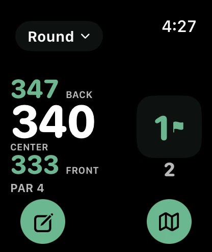 KaGolf Apple Watch companion showing front, center and back yardages