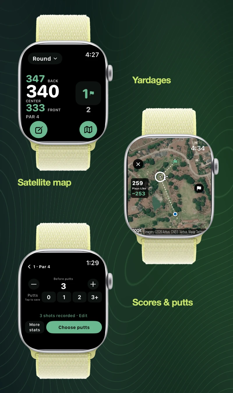 KaGolf Apple Watch screens showing yardages, satellite hole map, scores and putts